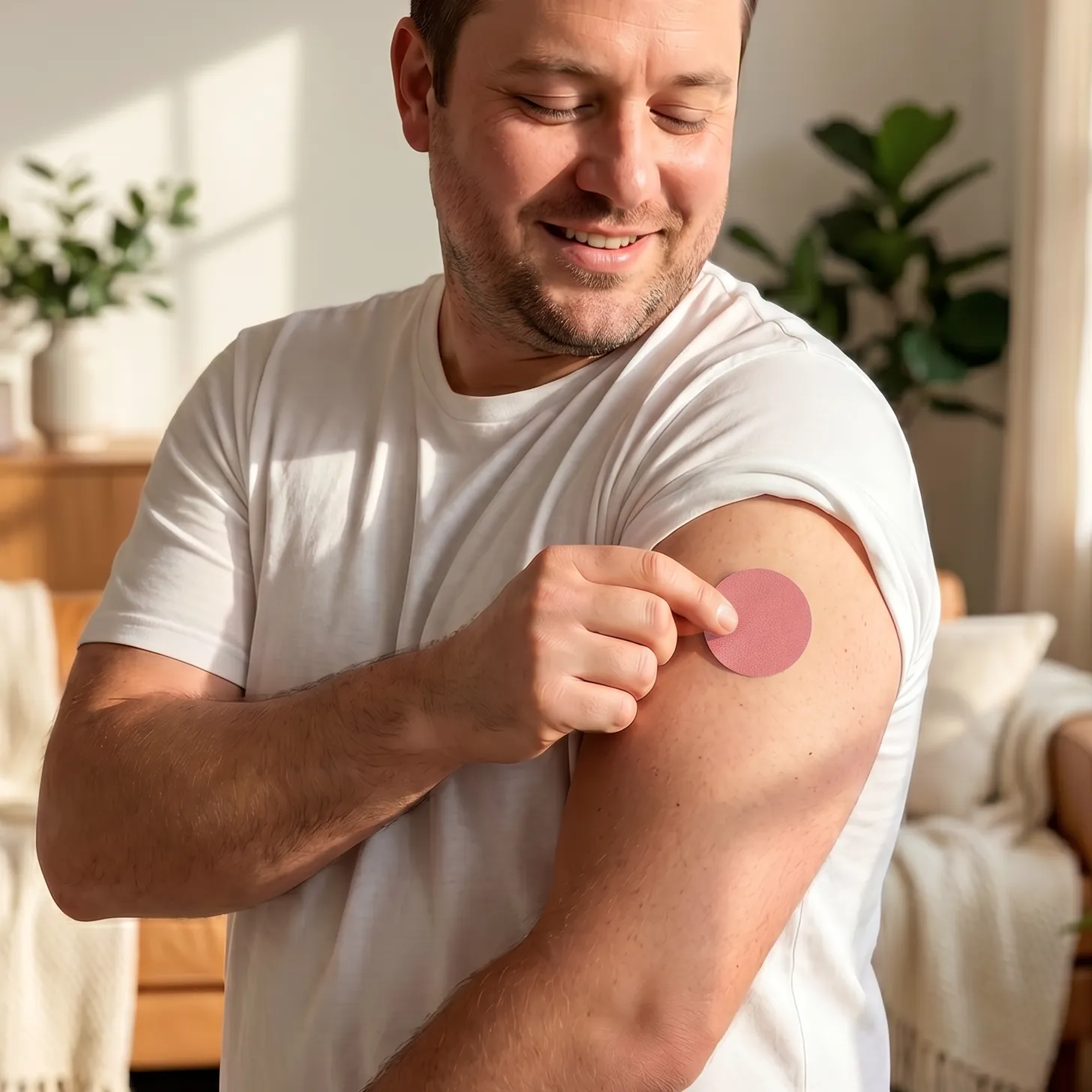 Man applying a BerbeLean patch to his upper arm